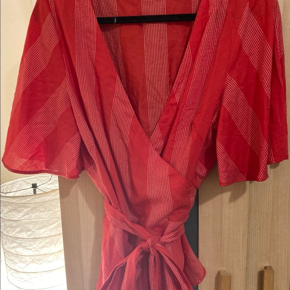 LOFT red and white flutter sleeve peplum wrap top